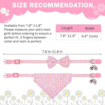 SCENEREAL Spring Cat Collar Breakaway with Bells, 2 Pack Cute Flower Pet Collar with Removable Bow Tie and Bandana, Adjustable Safety Buckle with Daisy Pendants for Girl Cats Kitten