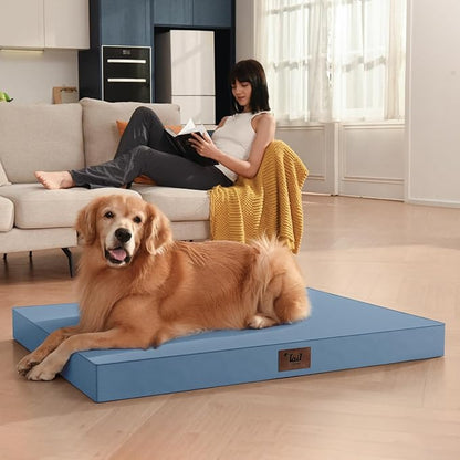 Outdoor Large Washable Dog Bed, Orthopedic Egg Crate Foam Dog Crate Mat for Large Dogs with Removable Oxford Cooling Cover, Blue