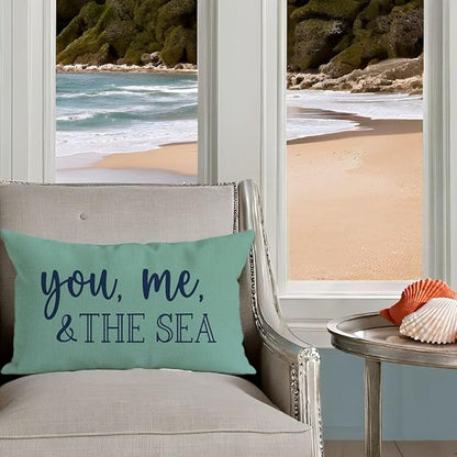 PANDICORN Summer Beach Throw Pillow Cover 12x20 Inch Blue Words You Me and The Sea Ocean Sea Coastal Aqua Outdoor Decorations Lumbar Decorative Cushion Case for Sofa Couch Home Living Room Decor