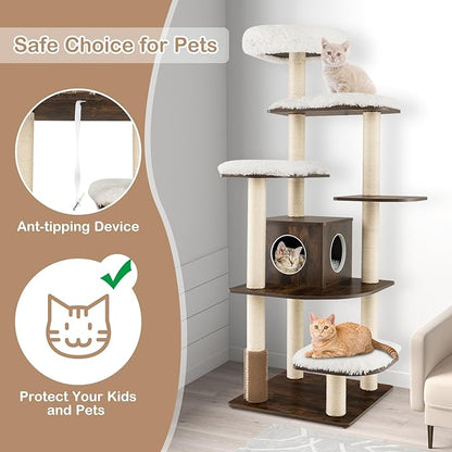 PETSITE Tall Cat Tree for Indoor Cats, 71 Inches Multi-Level Modern Cat Tower with Plush Perch, Cozy Condo, Platforms, Sisal Scratching Posts, EVA Massage Comb & Removable Cushions (Brown)