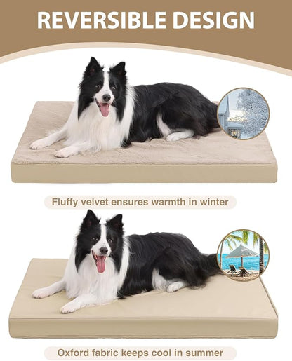 KSIIA Orthopedic Dog Bed Crate Waterproof Pet Mats for Extra Large Dogs Deluxe Plush Washable Pet Bed with Egg Crate Foam & Removable Cover, 47 x 29 Inch, Khaki