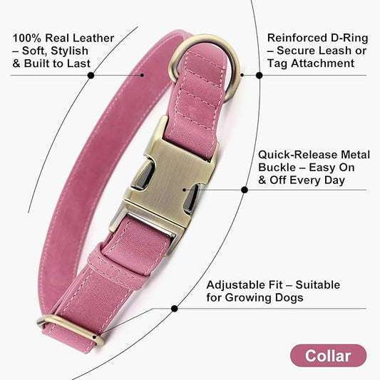 Plutus Pet Genuine Leather Dog Collar – Adjustable Pet Collar with Quick Release Metal Buckle, Soft Real Leather for Small Medium Large Dogs, Heavy Duty & Skin-Friendly (Pink, XS)