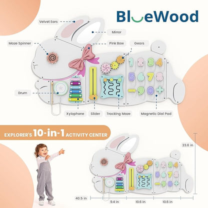 BlueWood Wooden Wall Busy Board Panels, Toddler Learning Activity Center, Montessori Philosophy Sensory, Educational Toys, Conducive to All-Round Development - Rabbit