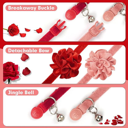 azuza 2 Pack Cat Collar Floral with Bell and Removable Flower Bowtie Breakaway Adjustable Velvet Fabric Cat Collar for Pets and Daily Decoration，Wine Red & Rose Pink