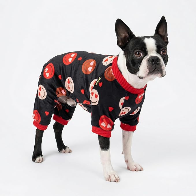 Fitwarm Hearts Eyes Smily Face Dog Pajamas, Cozy Valentines Outfit for Small Dogs Boy Girl, Festive Pet Clothes, Black, Red, Medium