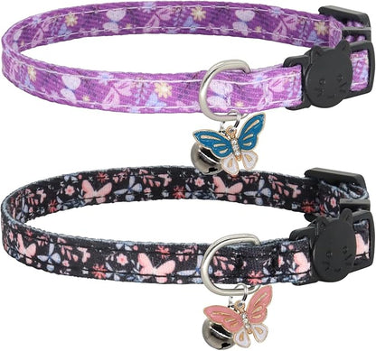 Cat Collar Breakaway, 2 Pack Cotton Cats Collars with Bells, Cute Butterfly Shaped for Girl Boy Kittens, Purple and Black