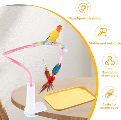 Bird Perch Stand,Bendable Desktop Parrot Training Stand with Tray,Easy to Clean Bird Tabletop Platform Toy,Parakeet Playground Play Stand for Lovebirds Pigeon Budgies,Small Animals