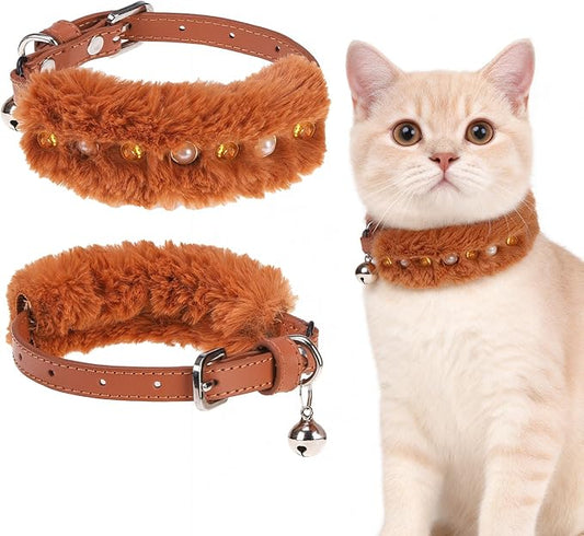EXPAWLORER Leather Cat Collar - Adjustable Furry Pet Collar with Pearls and Gemstones for Girl Boy Cats, Elegant Plush Collar with Bell & Durable D-Ring, Brown