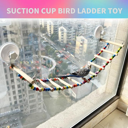 FlidRunest Suction Cup Wooden Bird Perch Stand Toy, Colorful Bird Parrot Ladder Bridge Toys for Window/Bath/Car, Climbing Ladder for Parrot, Lovebird, Parakeet, Budgie