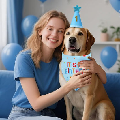 Dog Birthday Party Supplies with Hat Bandana Numbers, Light Blue Dog Birthday Set for Small Pets Puppy Boy