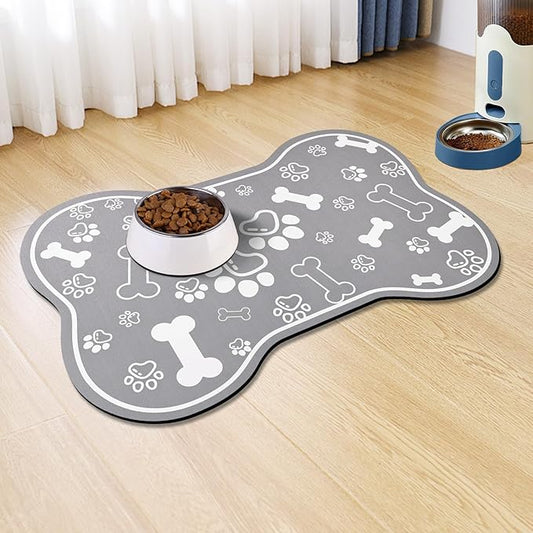 Dog Cat Food Mat,Rapid Absorbent Pet Feeding Mat, Bone Shaped Dog Placemat Water Bowl Mat with Rubber Backing,No Stains Dog Cat Food Mats Indoor, Pet Accessories Supplies 23"x36" Grey