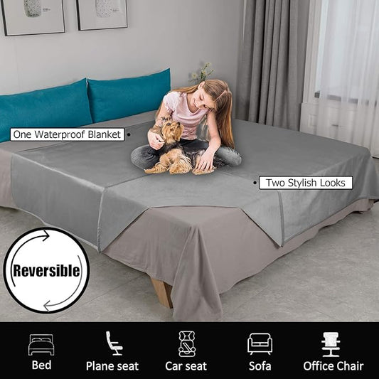 Ameritex Pet Bed Blanket Reversible 100% Waterproof Velvet Super Soft for Sofa and Bed (68x82 Inches, Light Grey+Grey)