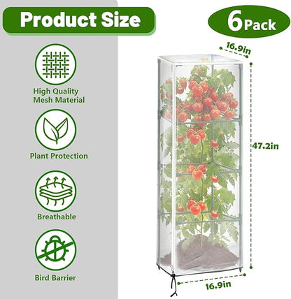 6 Pack 16.9 * 16.9 * 47.2inch Plant Cover for Square Tomato Cage,Tomato Trellis Mesh Netting Covers with Zipper Drawstring Bird Netting for Garden Protection