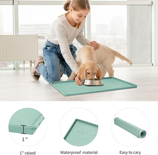 Dog Food Mat,Silicone Waterproof Food Tray,Non Slip Pet Bowl Mats Placemat,1" Raised Edge,Suitable for Most Small and Medium Sized Pets,32" x 24"