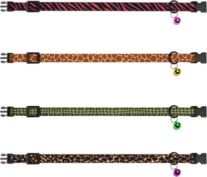 4PCS Breakaway Cat Collars with Bell - Cute Soft Adjustable Safety Kitten Collars 4-Pack - Nylon Pet Collars Nature Tribal Striped Floral Space Aztec Flowers Print (Animal Print)