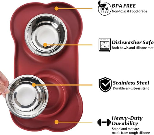 Hubulk Pet Dog Bowls 2 Stainless Steel Dog Bowl with No Spill Non-Skid Silicone Mat + Pet Food Scoop Water and Food Feeder Bowls for Feeding Small Medium Large Dogs Cats Puppies (Medium, Burgundy)