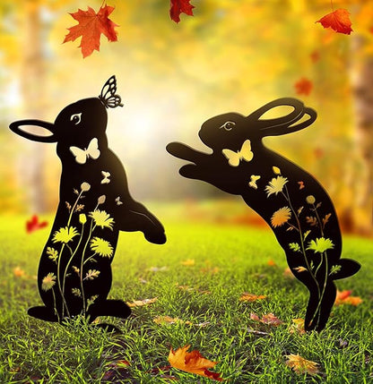 Metal Bunny Garden Decor, 17" Rabbit Yard Decor, Metal Yard Art Animals Garden Stakes Rabbit Silhouette, Rabbits Yard Decorations Outdoor, Bunny Garden Art for Flowerbeds Planters Patios Lawn