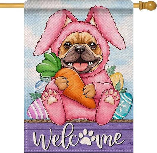 Artofy Welcome Easter Bunny Dog Large Decorative House Flag, French Bulldog Rabbit Yard Garden Outside Decor Pet Owner Lover Gift, Spring Carrot Egg Burlap Outdoor Home Decoration Double Sided 28 x 40