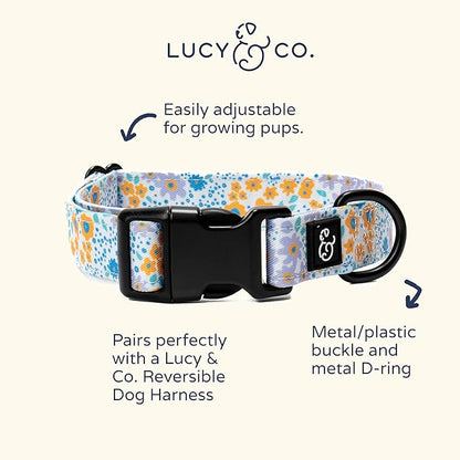 Lucy & Co. Among The Wildflowers Dog Collar - Durable Lightweight Designer Collar for Pets - Adjustable Metal Safety Buckle - Purple Floral - Medium