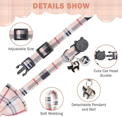 SCENEREAL Plaid Cat Collar with Bow Bandana - 2 Pack Breakaway Kitten Collar with Removable Bowtie Bell, Adjustable Cute Cat Collar for Cats Kittens, Beige