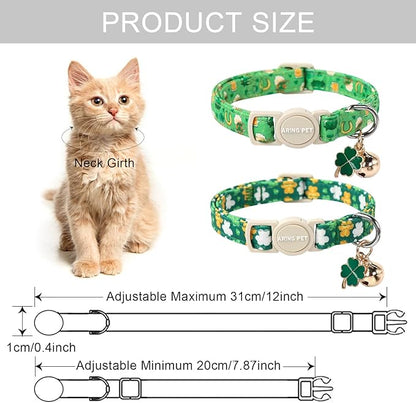 ARING PET 2 Pack St. Patrick's Day Cat Collars-Cute Green Clovers Cat Collar Breakaway with Bell&Pendant, Adjustable Lucky Trefoil Shamrock Kitten Collars with Safety Buckle