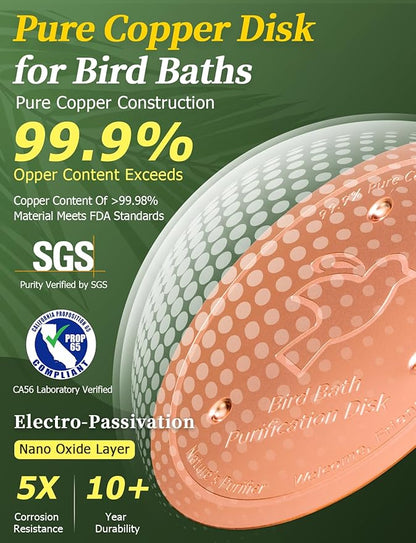Mellbree 3-Pack Bird Bath Copper Disk, 0.6mm Reinforced 99.99% Pure Copper Cleaning Disk with Triple-Point Support for Physical Safe Clean Water All-Season