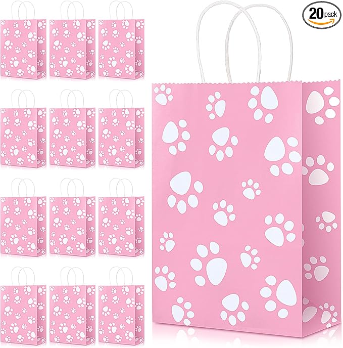 Blulu 20 Pcs Puppy Dog Paw Gift Bags with Paper Twist Handles, Dog Gift Paper Paw Treat Goodie Bags for PET Treat Party Favor, 6.3 x 3.1 x 8.6 Inch(Pink Backing)