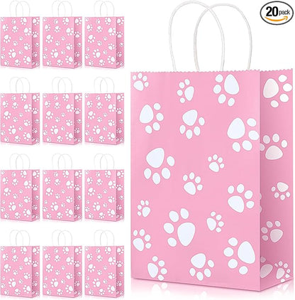 Blulu 20 Pcs Puppy Dog Paw Gift Bags with Paper Twist Handles, Dog Gift Paper Paw Treat Goodie Bags for PET Treat Party Favor, 6.3 x 3.1 x 8.6 Inch(Pink Backing)