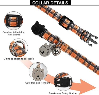 Lionet Paws 2pcs Pack Halloween Cat Collar,Brown Blossoms and Black Brown Grid with Breakaway Buckle,Cute Adjustable Cat Kitten Collar,Ideal for Girl Cats