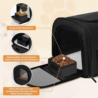 Soft Cat Carrier for Pets Up to 15 lbs, TSA Approved for Airline in-Cabin, Cat Travel Bag with Detachable Cat Food Bowl, Pet Carriers for Small Dogs, Waterproof Travel Puppy Carry, Black