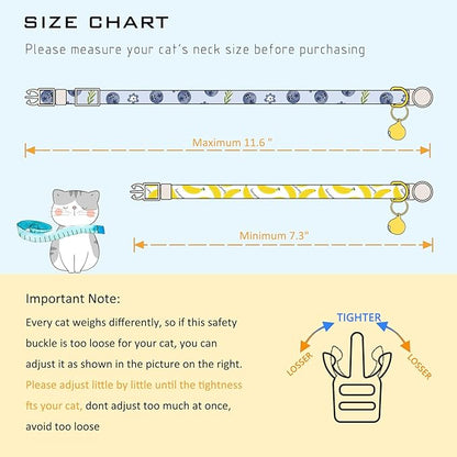 Faygarsle 2 Pack Blueberry Banana Pattern Cat Collars Breakaway Safety Collar with Bell Spring Summer Design for Girl Cats,Yellow Light Blue