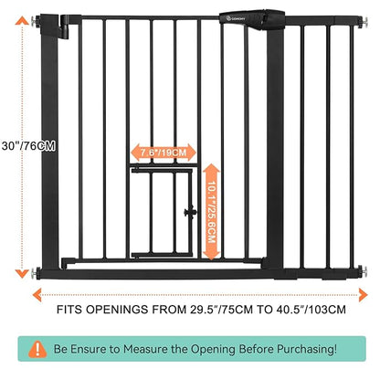 COMOMY Auto Close Baby Gate with Cat Door, 29.5"-40.5" Extra Wide Dog Gate for House Doorways Stairs, Pressure Mounted Easy Walk Thru Pet Gate, Includes 4 Wall Cups and 2 Extension Pieces, Black