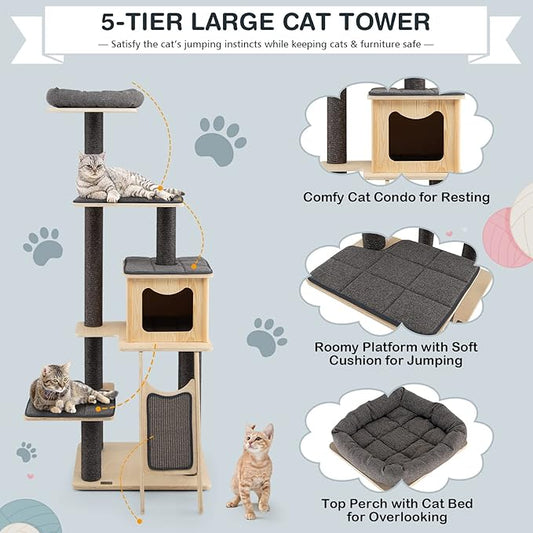 PETSITE 69-inch Tall Wooden Cat Tree Tower, Modern Cat Activity Center Tree with Sisal Scratching Posts & Board, Condo & Top Perch for Indoor Cats, Grey