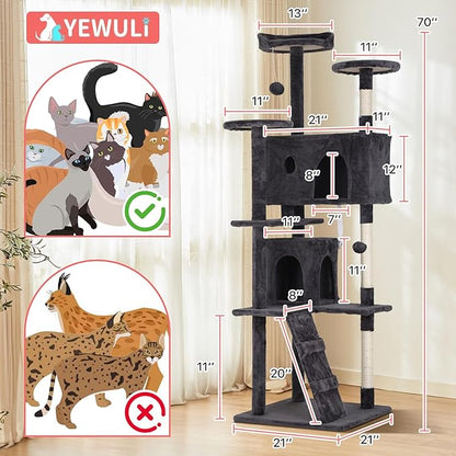 70in Cat Tree Cat Climbing Tower with Scratching Post, Cats House Perch Kitten Tree Condo Wood Playhouse, Pet Trees Tower for Indoor Cats, Dark Gray