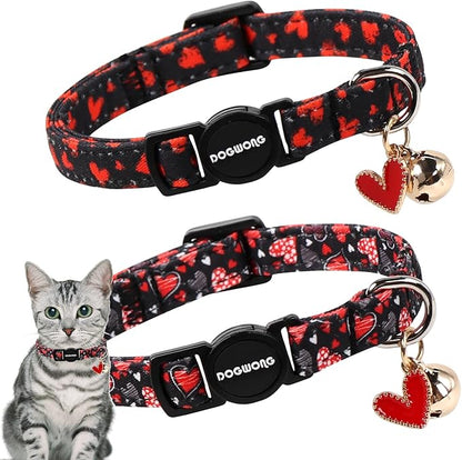 Cat Collar,2 Pack Cat Collars Breakaway with Bell, DOGWONG Safety Buckle Valentine's Day Cat Collar Cute Heart for Girl Boy Cats and Small Dogs，Adjustable 7-12 Inch,Pet Supplies Accessories