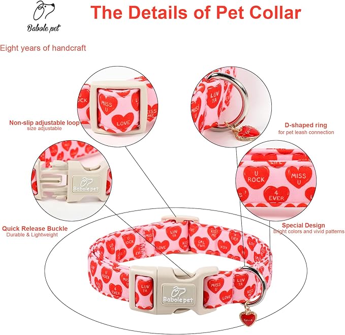 Valentines Dog Collar for Small Dogs - Valentine Red Conversation Hearts Dog Collars, Love Boy Girl Dogs Collars, Lightweight Adjustable Cute Puppy Collar with Quick-Release Buckle S