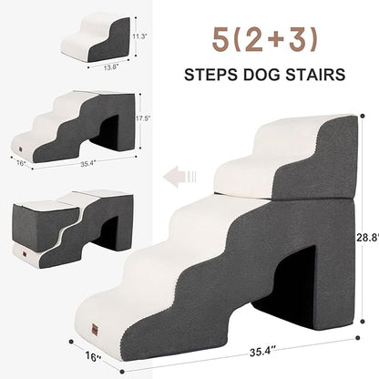 Dog Stairs for High Beds with Tunnel, 5-Step Dog Steps for Small Dogs and Cats, Foldable Pet Stairs for High Bed Climbing, Non-Slip Balanced Pet Step Indoor, Beige