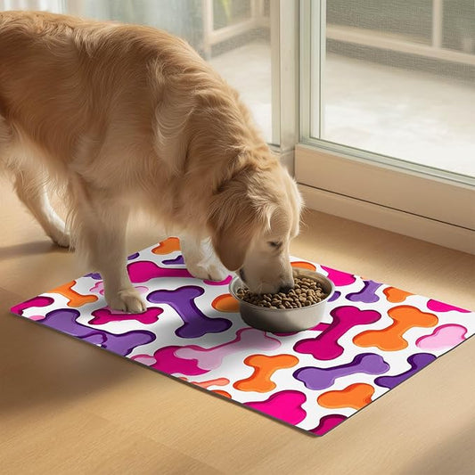 Colorful Dog Bone Pattern Pet Food Mat for Dog Food and Water Bowl Pet Feeding Bowl Mats for Pet Feeding Areas Funning Easy Clean Fast Dry Cat Water Bowl Mat 24" x 16"