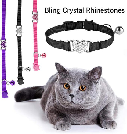 2 Pcs Cat Collars Heart Bling Breakaway with Bell Nylon Adjustable for Kitty(Black+Pink)