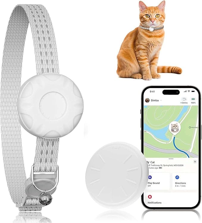 Cat GPS Tracker, Cat Tracker Compatible with Apple Find My App (Only iOS), No Monthly Fee, Waterproof, Breakaway Collar Included, Up to 1 Year Battery (White Tracker, White Cat Collar)