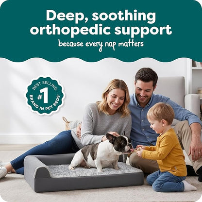 FurHaven Orthopedic Dog Bed for Medium Dogs, L-Shaped Chaise Mattress with Orthopedic Egg Crate & a Solid Orthopedic Foam Base for Joint Support, Washable Cover, Medium, Faux Fur & Suede, Stone Gray
