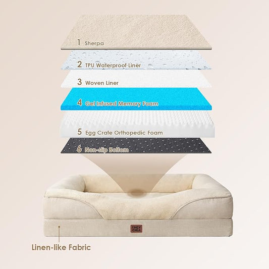 EHEYCIGA Orthopedic XL Dog Bed for Large Sized Dog, 48x35x7.5 Inch Extra Large Memory Foam Dog Couch Bed with Sides, Waterproof Liner & Washable Removable Cover, Bolster Pet Sofa, Beige