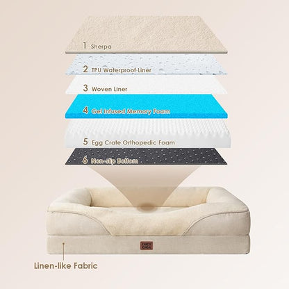EHEYCIGA Orthopedic XXL Dog Bed for Large Sized Dog, 52x41x8 Inch Extra Large Memory Foam Dog Couch Bed with Sides, Waterproof Liner & Washable Removable Cover, Bolster Pet Sofa, Beige