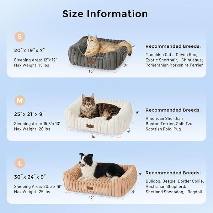 Large Cat Beds - Orthopedic Dog Bed for Medium Dogs, Rectangle Pet Bed with Fluffy Removable Washable Cover, 25x21x9inches, Beige