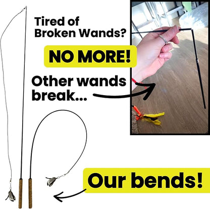 Forever Stick with 9 Feather Toy Lures - The Unbreakable Cat Wand Toy, Extra Long Durable Cat String Toy for Indoor Cats, Bored Indoor Adult Cats, Natural Feather Attachment Toy Lures Refill