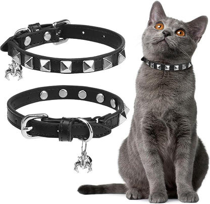 EXPAWLORER Leather Cat Collar - Adjustable Pet Collar with Rivet Spike for Girl Boy Cats, Punk Accessories with Bell & Durable D-Ring,Silver Square Nails, S
