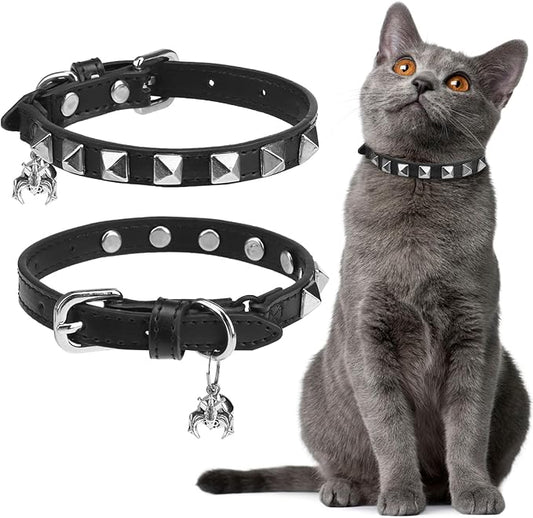 EXPAWLORER Leather Cat Collar - Adjustable Pet Collar with Rivet Spike for Girl Boy Cats, Punk Accessories with Bell & Durable D-Ring,Silver Square Nails, S