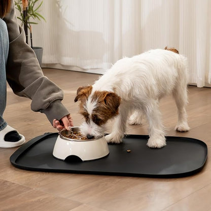 Silicone Dog Food Mat with Side Pocket & Hook Hole, Soft Raised Edges, Easy Clean Waterproof Non-Slip Pet Feeding Mat for Cats and Dogs Water Bowl, Pets Accessories(24"x16",Black)