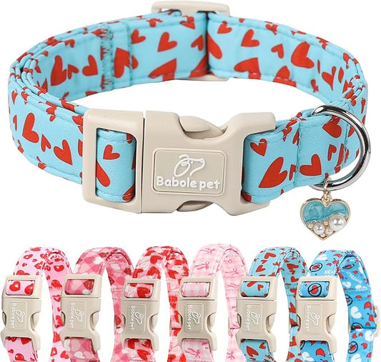 Valentines Dog Collar for Large Dogs - Cute Valentine Blue Dog Collars, Adjustable Puppy Red Hearts Collar with Quick Release Buckle for Boys&Girls Dogs L