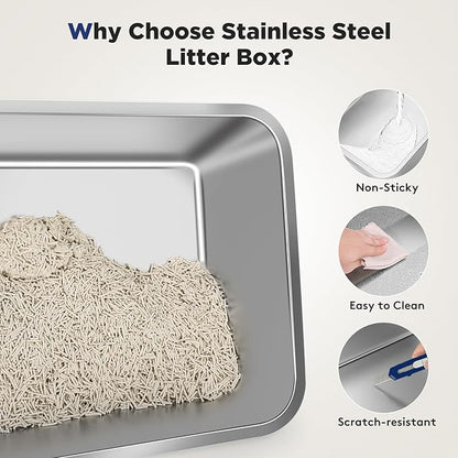 FURTIME XXXL Extra Large Stainless Steel Litter Box with Lid, Large Enclosed Cat Litter Box for Big Cats, Metal Cat Box with High Sided Enclosure & Scoop, Silver